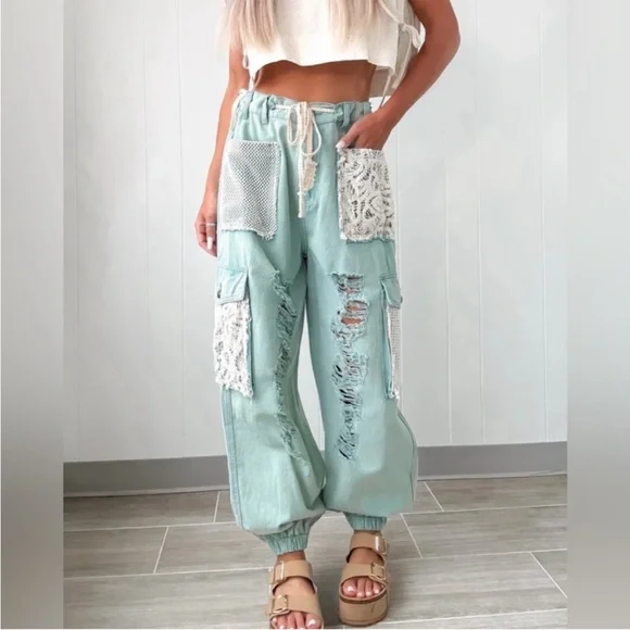 POL Dusty teal Distressed Cargo Pants with Lace Accents - Picture 7 of 15